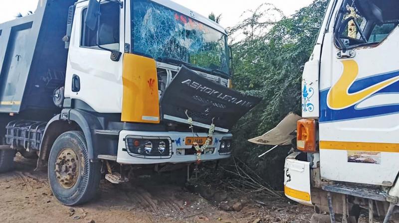 Lorry involved in the incident. Inset: R. Sharon Kiruba