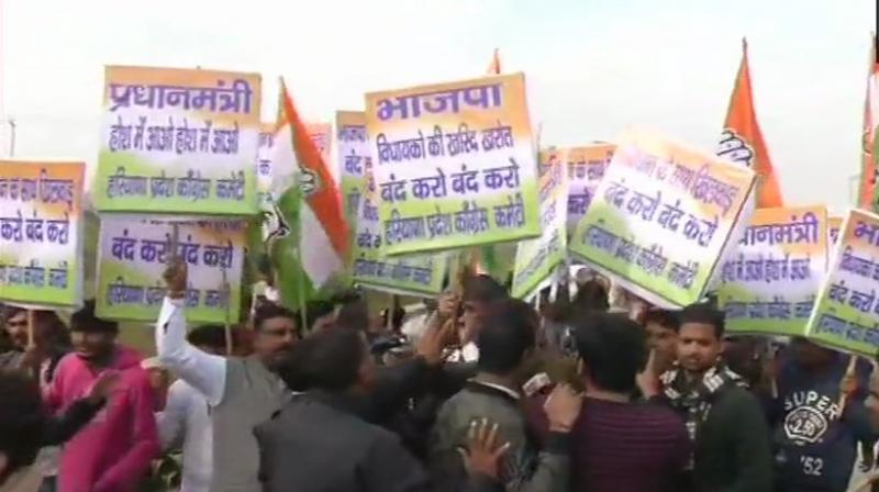 Around 20 Youth Congress workers led by Haryana Pradesh Congress General Secretary Pradeep Singh raised slogans against the NDA government outside the five-star ITC Grand Bharat resort located on the outskirts of Gurgaon. (Photo: ANI | Twitter)