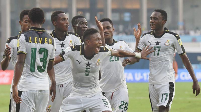 Ghana players celebrate after scoring a goal against Niger at the DY Patil Stadium at Navi Mumbai on Wednesday. (Photo: PTI)