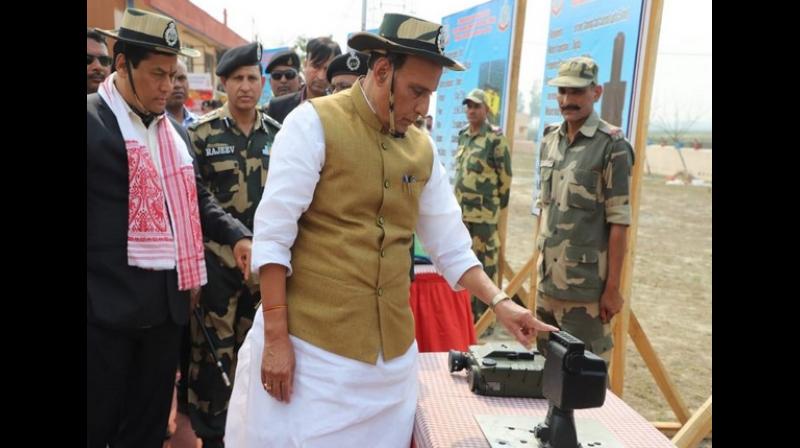 Union Home Minister Rajnath Singh on Tuesday inaugurated the BOLD-QIT (Border Electronically Dominated QRT Interception Technique) under Comprehensive Integrated Border Management System (CIBMS) on Indo-Bangladesh border in Dhubri district of Assam. (Photo: ANI)