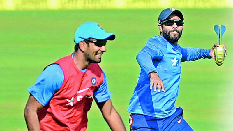 India spinners Jayant Yadav and Ravindra Jadeja during a training session.  (Photo: S. Surender Reddy)