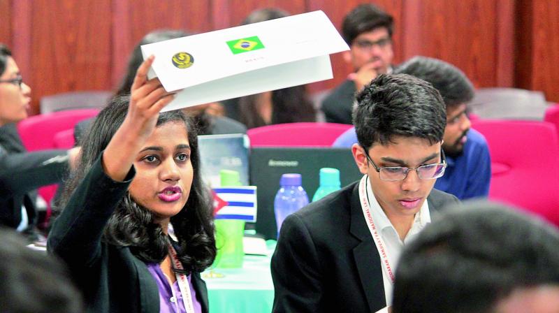 Students of DSNLU take part in Model Assembly of Member Parties in Vizag on Friday. (Photo: DC)