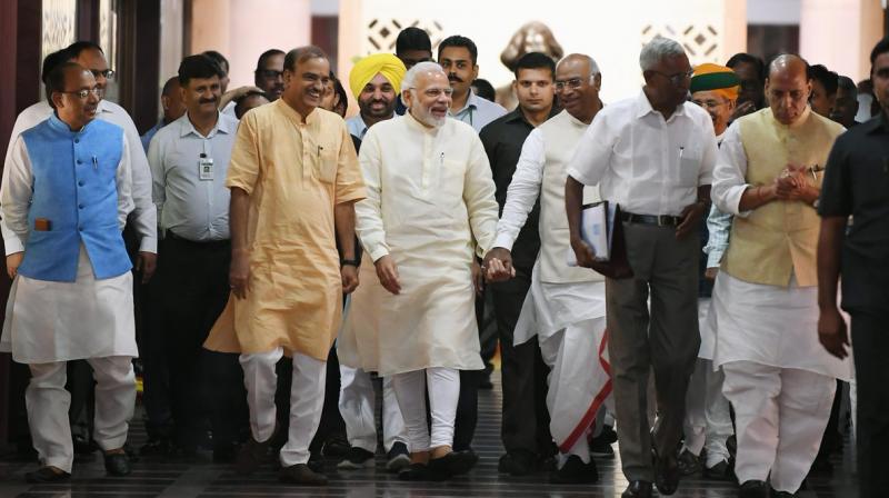 Prime Minister Narendra Modi and other leaders at the all-party meeting at the Parliament Library in New Delhi on Tuesday. (Photo: Twitter/@PMOIndia)