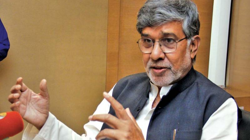 Nobel laureate Kailash Satyarthi interacts with mediapersons in the city on Saturday. (Photo: DC)
