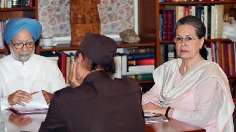 Former Prime Minister Manmohan Singh, Congress president Sonia Gandhi during the Congress Working Committee (CWC) Meeting at 10 Janpath in New Delhi on Tuesday. (Photo: PTI)