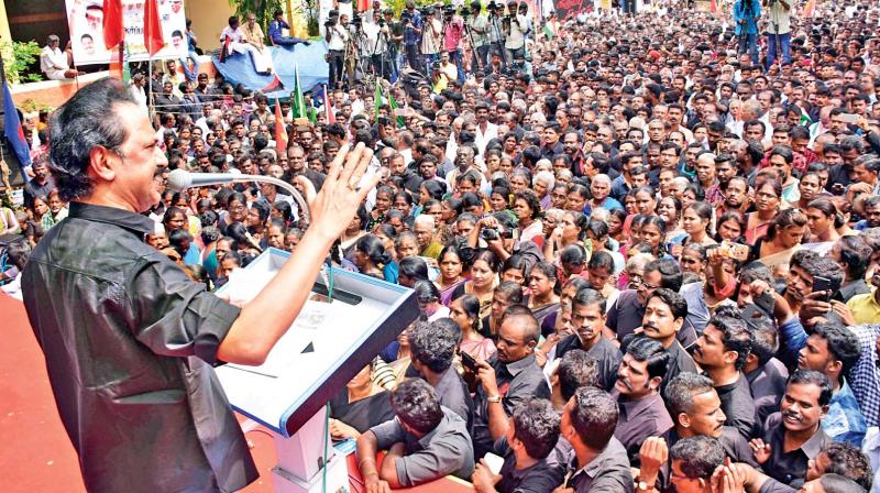 DMK working president M.K. Stalin addresses the huge crowd in Madurai on Wednesday.(Photo: DC)