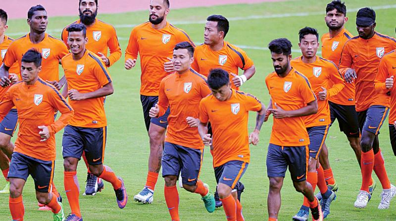Team India at a training session ahead of their Group A AFC Asian Cup qualifier against the Kyrgyz Republic, at the Sree Kanteerava Stadium in Bengaluru. (Photo: R. Samuel)