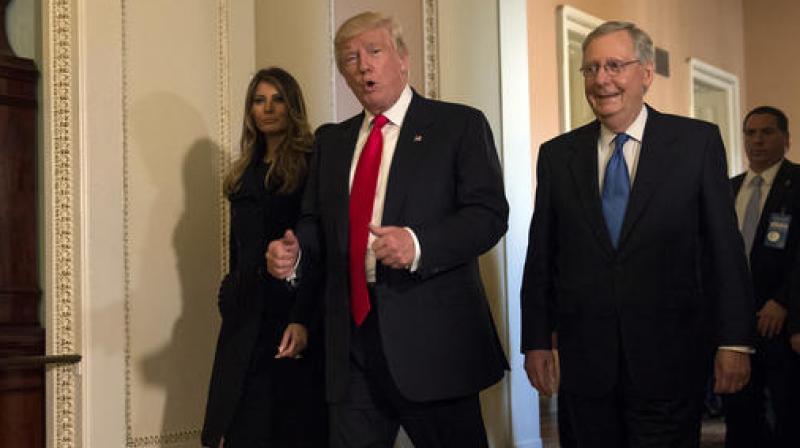 US President-elect Donald Trump, accompanied by his wife Melania, and Senate Majority Leader Mitch McConnell of Ky., gestures while walking on Capitol Hill in Washington. (Photo: AP)