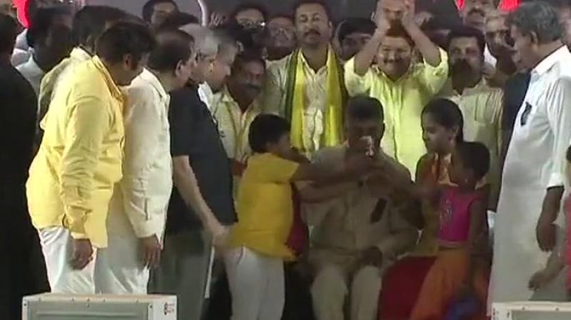 People from all walks of life were seen congregating at the Indira Gandhi Municipal Corporation (IGMC) stadium in Vijayawada to be a part of the Chief Ministers Dharma Porata Deeksha (fight for justice). (Photo: ANI/Twitter)