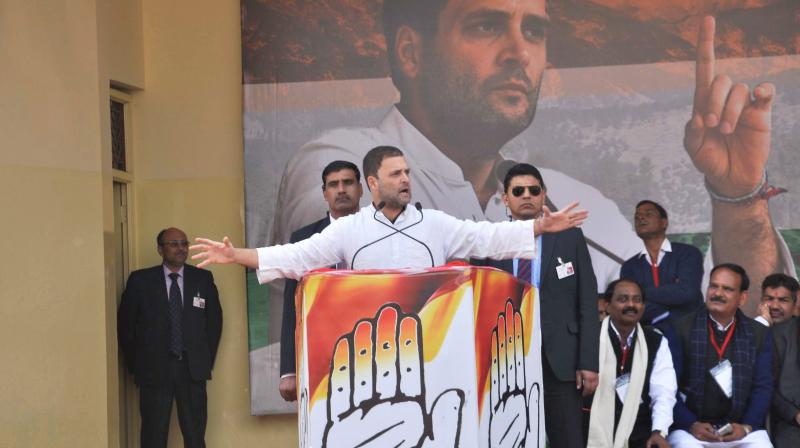 Congress Vice President Rahul Gandhi addresses a meeting of the party workers in Rishikesh. (Photo: PTI)