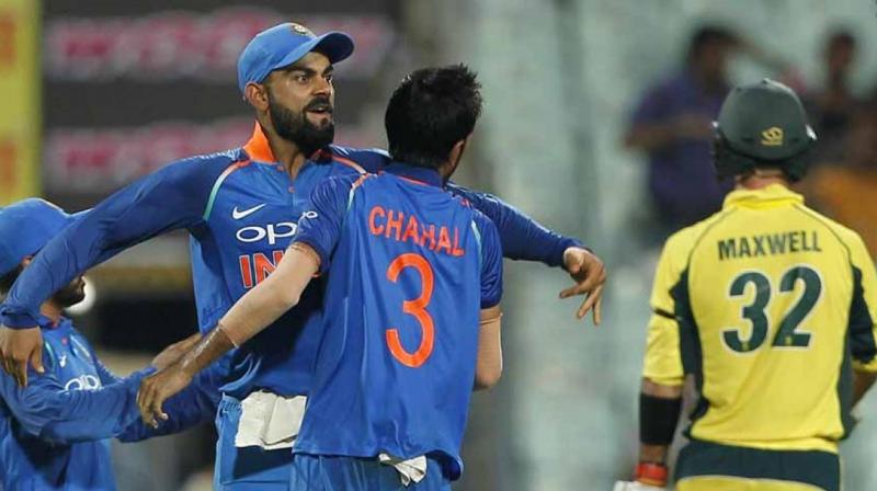 Yuzvendra Chahal celebrates with Virat Kohli after getting Glenn Maxwells wicket. (Photo: BCCI)