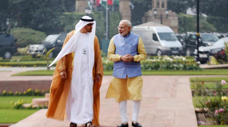 Prime Minister Narendra Modi with the Crown Prince of Abu Dhabi, General Sheikh Mohammed bin Zayed Al Nahyan, at Hyderabad House, in New Delhi. (Photo: PTI)