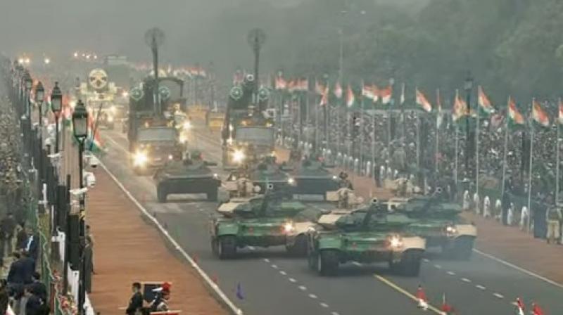 Transportable satellite vehicles, Akash weapons system, march down the Rajpath. (Photo: ANI Twitter)