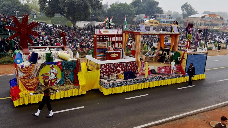 Khadi India tableau on display during the 68th Republic Day Parade at Rajpath in New Delhi. (Photo: PTI)