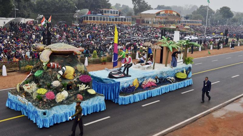 The tableau of Lakshadweep passes through the Rajpath during the 68th Republic Day Parade in New Delhi. (Photo: PTI)