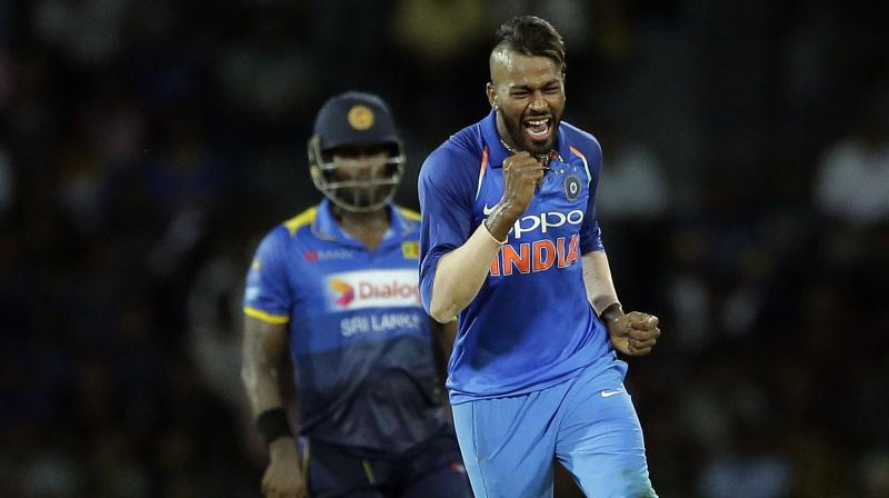 Hardik Pandya celebrates the wicket of Milinda Siriwardana. (Photo: AP)