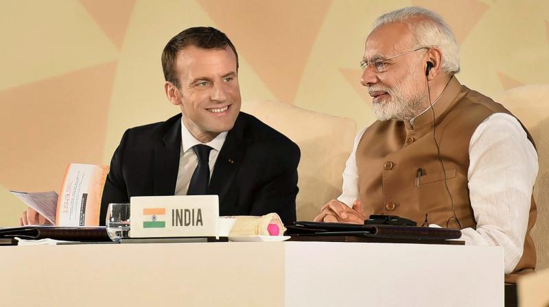Prime Minister Narendra Modi and the President of the French Republic, Emmanuel Macron at the Founding Conference of the International Solar Alliance, at Rashtrapati Bhavan, in New Delhi on Sunday. (Photo: PTI)
