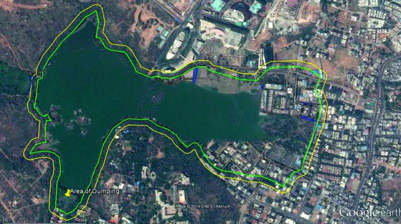 The yellow marking on the google image taken in 2017 indicates the buffer zone of the lake, while the green indicates the Full Tank Level (FTL). According to law, one cannot build either in the buffer zone of the FTL zone. However, there are a number of encroachments and illegal constructions made within the FTL level and buffer zone.