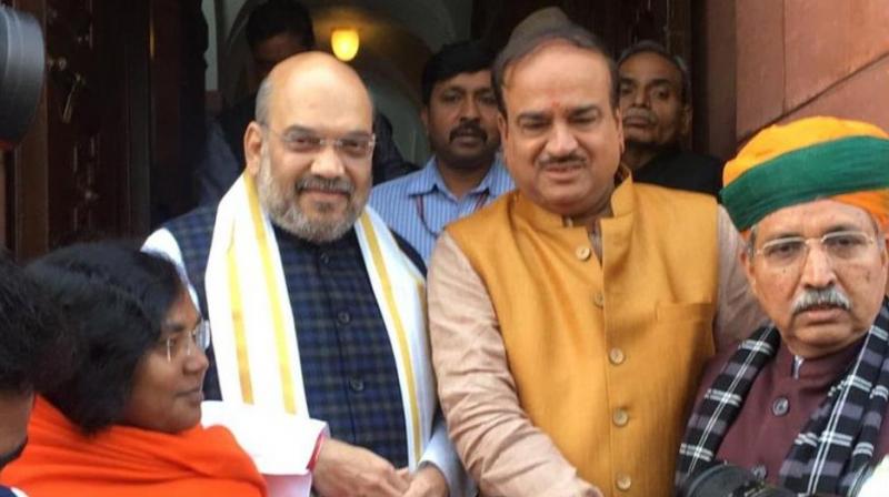 BJP president Amit Shah outside Parliament, where he made his debut in the Rajya Sabha on Friday. (ANI/Twitter)