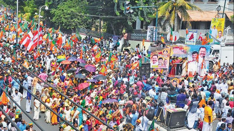 BJP supporters during a rally outside the state secretariat in Thiruvananthapuram on Monday against the Supreme Courts verdict on Sabarimala temple case. (Photo:  PTI)