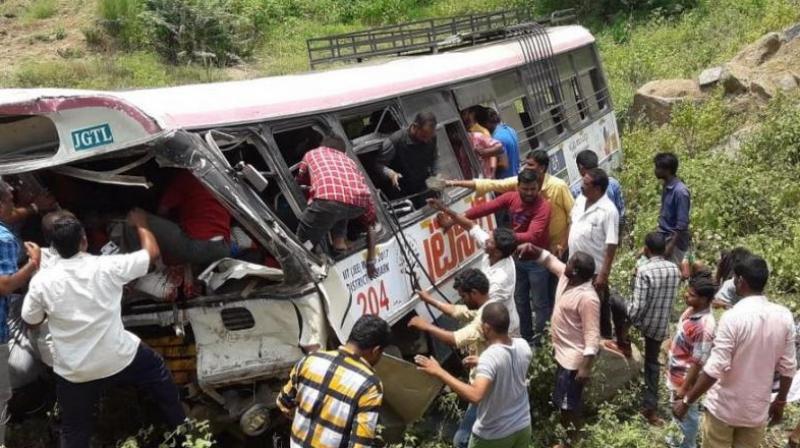 The bus belonging to Jagtial depot had 60 passengers and was proceeding from Shanivarapet village to Jagtial via Kondagattu ghat road and Muthyampet villages when it fell into the valle. (Photo: Twitter | ANI)