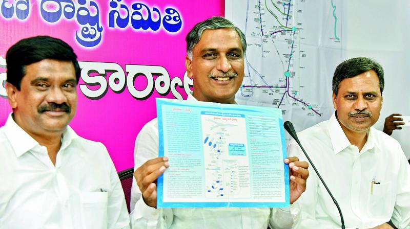 Irrigation and Markteing Minister Harish Rao at a media interaction at the Assembly building on Tuesday.