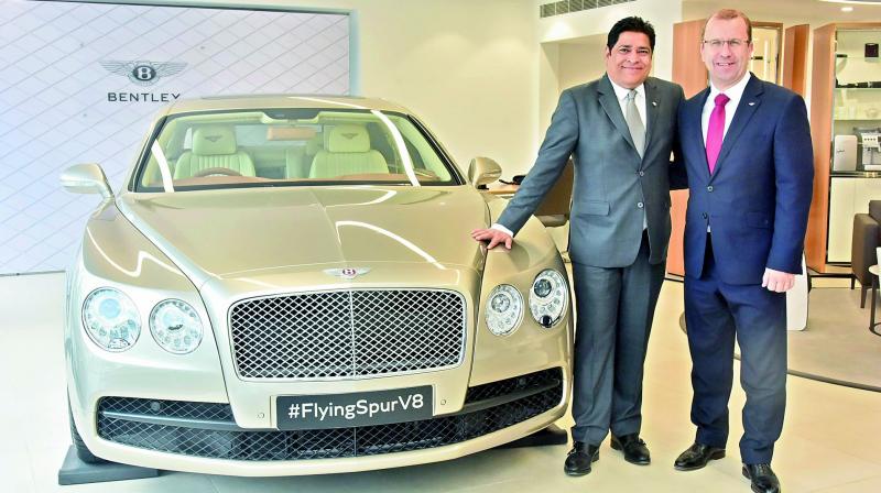 Bentley regional manager (Middle East, Africa and India) Neil Wilford (right) along with Exclusive Motors MD Satya Bagla at the newly launched showroom in Hyderabad on Friday. (Photo: DC)