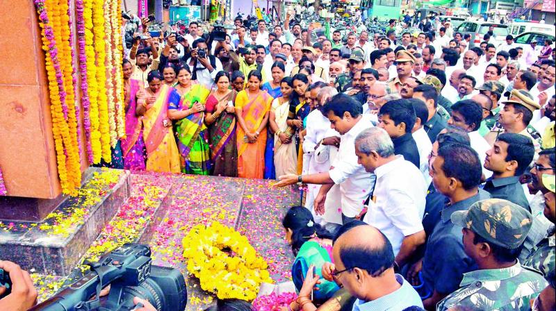 Minister K.T. Rama Rao pays tributes to Telangana martrys during the fourth state Formation Day celebrations in Rajanna Sircilla district on Saturday (Photo: DC)