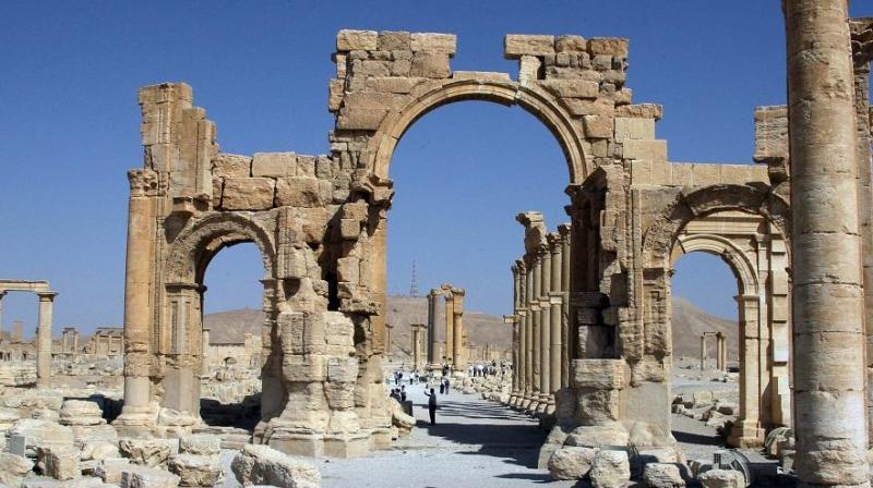 Arch of Triumph among the Roman ruins of Palmyra, 220 kms northeast of the Syrian capital Damascus, blown up by the ISIS
