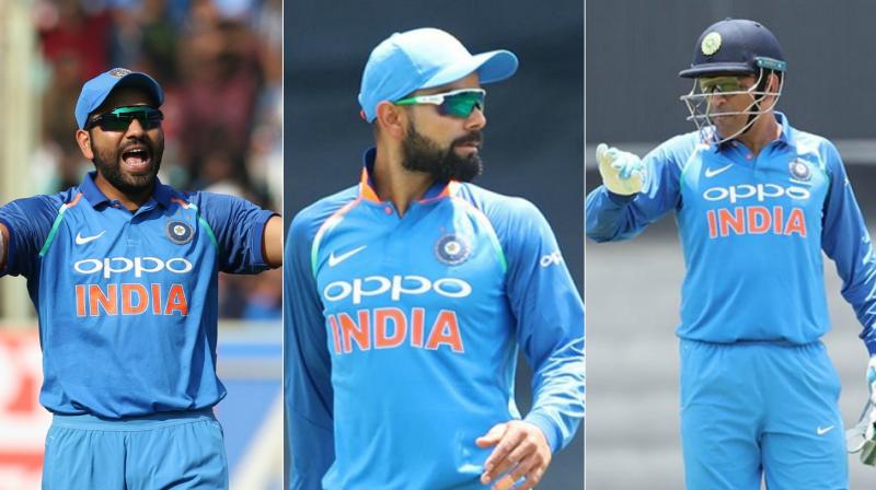 Inspite of Rohit Sharma (left) asked Virat Kohli(centre) to take review but MS Dhoni (right) stopped the skipper from using it because of which India managed to save their review.(Photo: BCCI)