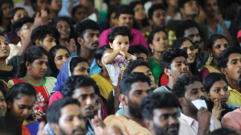 Jam packed audience at Senate Hall during the mime competitions held as part of the Kerala University youth festival in Thiruvananthapuram on Thursday.  (Photo: A.V. MUZAFAR)