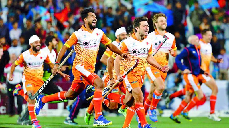Kalinga Lancers players celebrate their 4-3 (4-4) win in a penalty shootout over UP Wizards in their Hockey India League-5 semi-final in Chandigarh on Saturday.