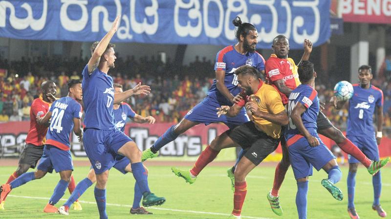 A slice of action from the Bengaluru FC and East Bengal match at the Sree Kanteerava Stadium on Saturday. (Photo: DC)