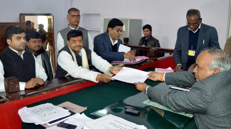 Senior leader Shivpal Singh Yadav filing his nomination papers as SP candidate from Jaswantnagar seat for U P Assembly Election in Etawah. (Photo: PTI)