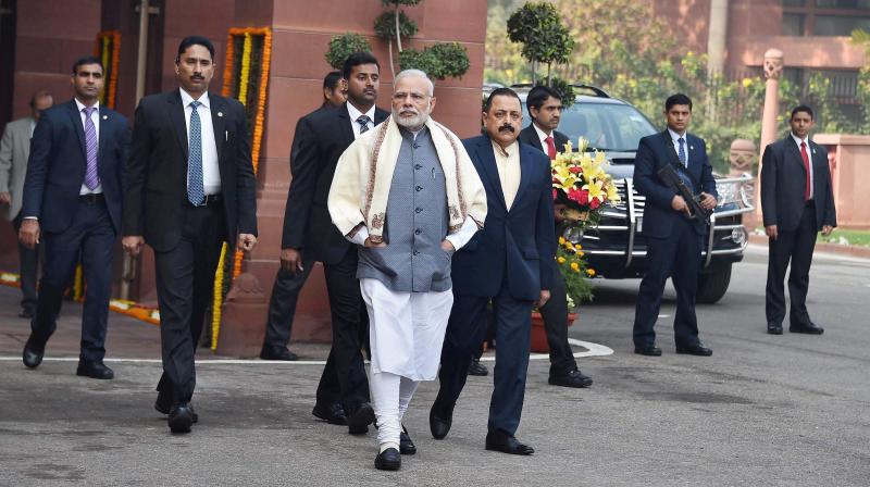 Prime Minister Narendra Modi along with MoS at PMO Jitendra Kumar arrives to address the media on the first day of Budget session in New Delhi. (Photo: PTI)
