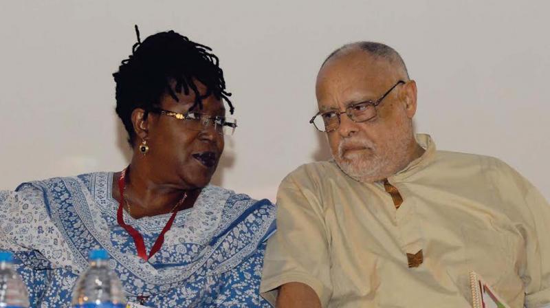 June Givanni and Haile Gerima (right) at the Aravindan memorial lecture in Thiruvananthapuram on Wednesday. (Photo: DC)