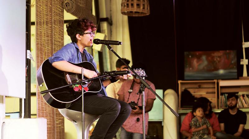 An artiste performing at Open Sky Slam at Lahe Lahe, Indiranagr on Saturday