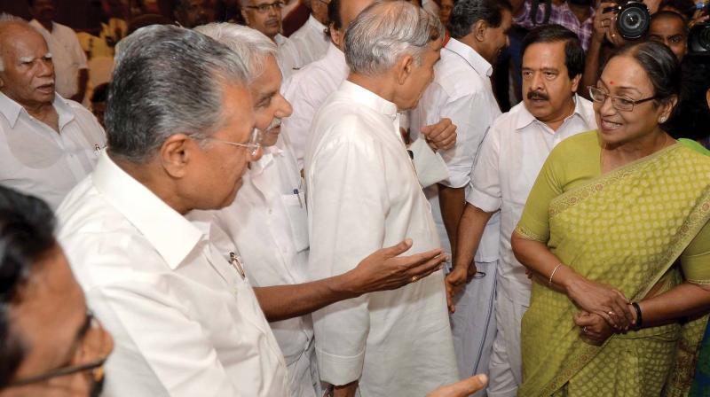 Oppositions presidential candidate Meira Kumar interacting with Chief Minister Pinarayi Vijayan and his predecessor Oommen Chandy at Hotel Mascot in Thiruvananthapuram on Sunday. Also seen are former union railways minister Pawan Kumar Bansal and Opposition Leader Ramesh Chennithala. 	(Photo: PEETHAMBARAN PAYYERI)