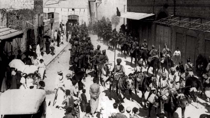 Mysore Lancers march into Haifa, Israel after taking over the Port city in 1918 along with the Jodhpur Lancers.