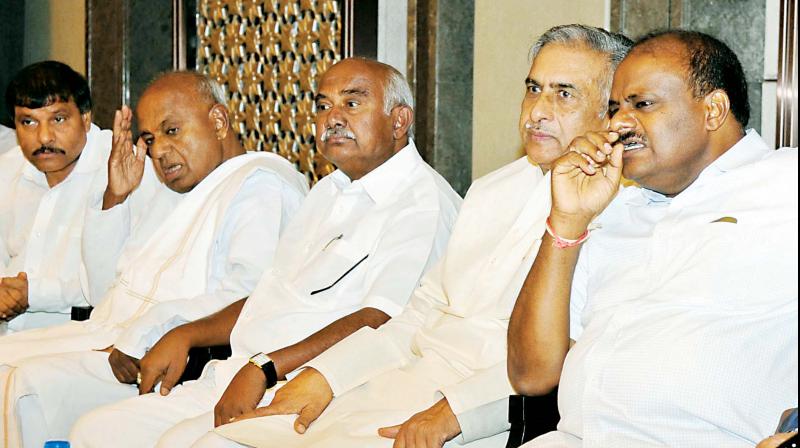 Janata Dal(S) leaders H.D. Deve Gowda, H.D. Kumaraswamy, Basavaraj Horatti and newly inducted former Mysuru MP A.H. Vishwanath at a recent party programme in the city