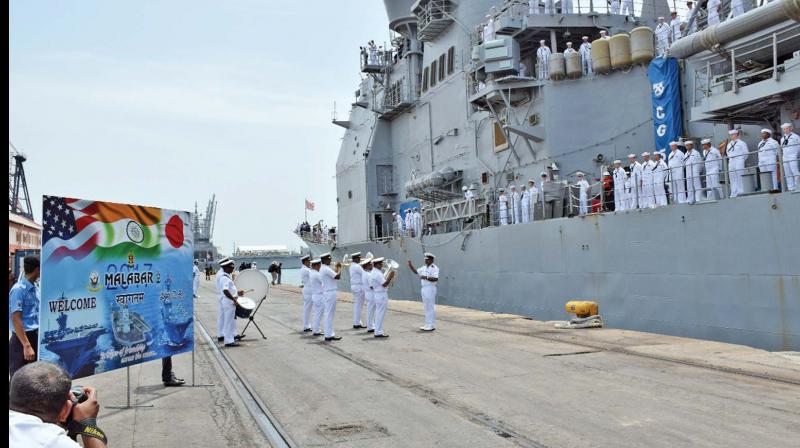 JS Sazanami, a JMSDF missile destroyer and USS Princeton, a Ticonderoga- Class cruiser arrived in Chennai to  participate in trilateral naval exercise Malabar-2017.(Photo: DC)