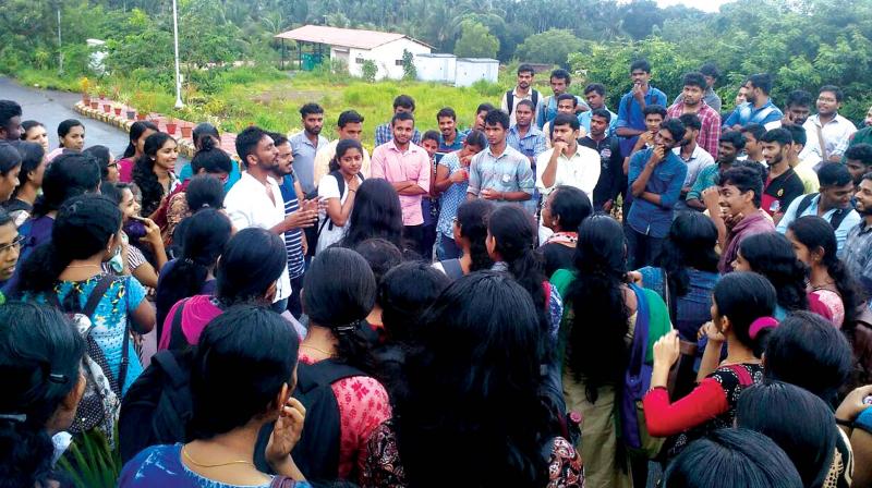 Students from all four campuses of the Central University of Kerala in Kasargod district meet on the main campus at Periye after boycotting classes as part of Student Refugee Movement protest on Wednesday.