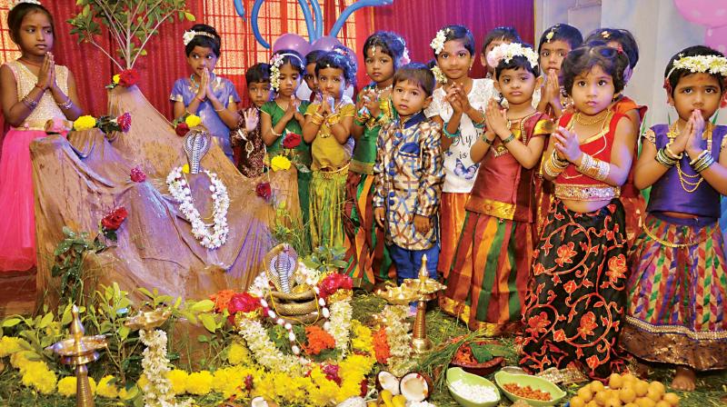 Women and kids celebrate Nagara Panchami in Dharwad on Wednesday	(Photo: KPN)