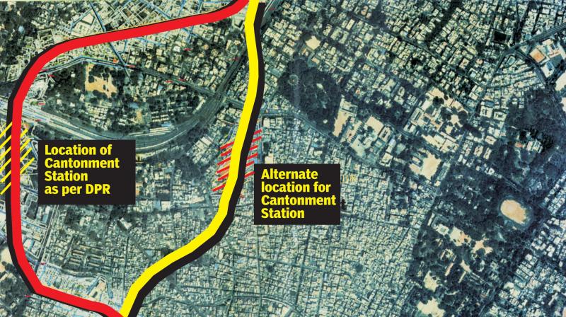 The map showing the route proposed by BMRCL (in red) and the alternate route