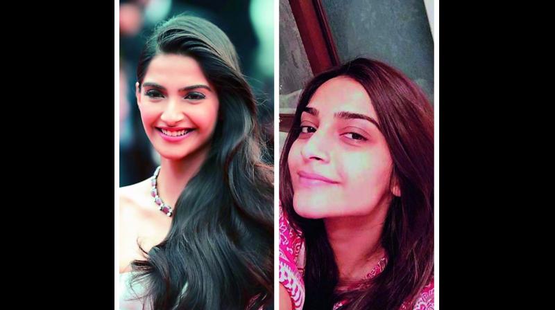 (Right) Sonam Kapoor looks ordinary without make-up, (left) the actress with make-up