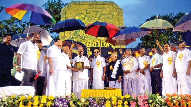 DMK working president M.K. Stalin with leaders of different political parties at the 75th year celebrations of party organ Murasoli in Chennai on Friday (Photo: DC)