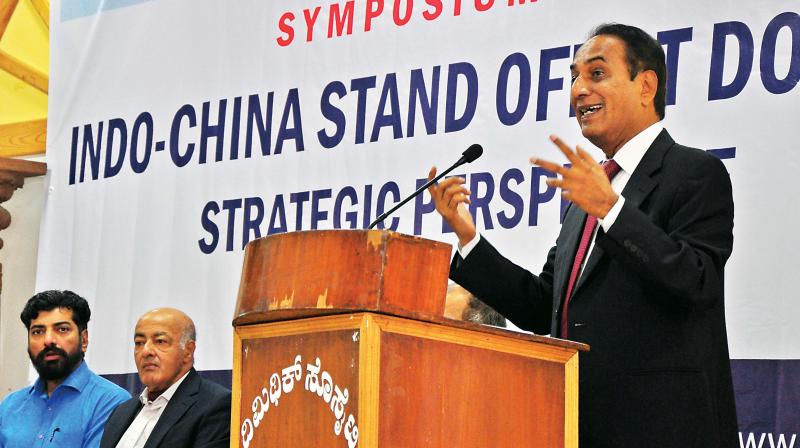 Vetron Diplomat N Parthasarathi at the Indo-China stand off at Doklam-Stratgic Perspective a Symposium held at Mythic Society in Bengaluru on Saturday. Sandeep unnithan, Lt Gen V M Patil and others were present on the ocassion (Photo: Satish.B)