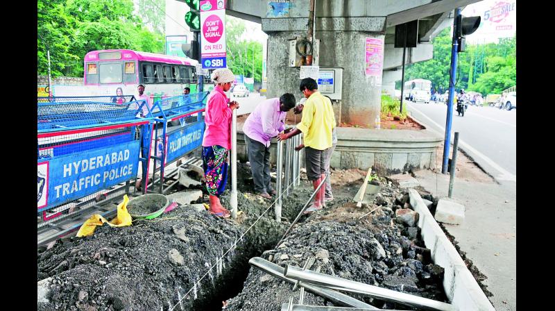 Road being given facelift at Tarnaka X roads to ease traffic and help pedestrians.(Photo: DC)