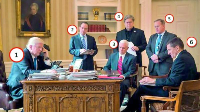 This photo taken on January 28, eight days after Donald Trumps inauguration, has gone viral. Since then, four of the five people who were in the Oval Office that day with Mr Trump have either quit or been fired, except Vice-President Mike Pence