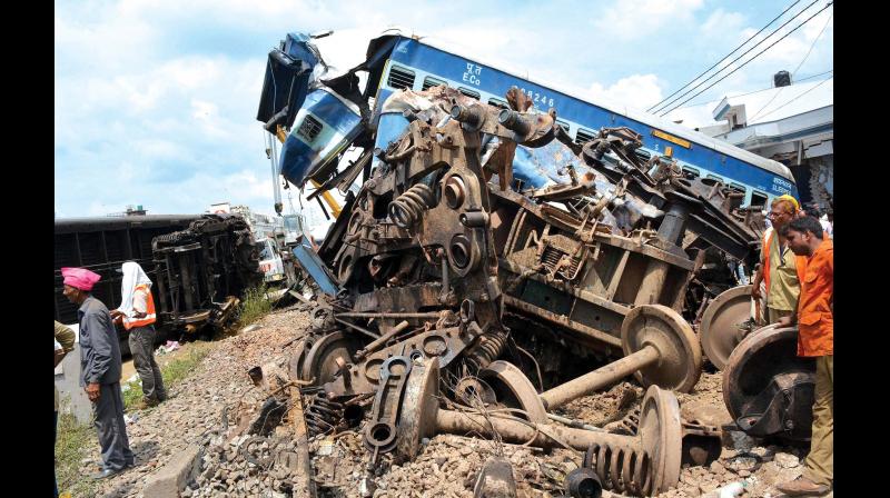 Rescue and relief works underway at the accident site where Utkal Express train derailed at Khatauli near Muzaffarnagar on Sunday (Photo: PTI)